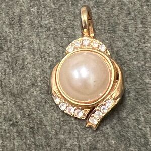 Vintage Gold Tone Faux Mabe Pearl Rhinestone Enhancer - Hinged Clip Bale
